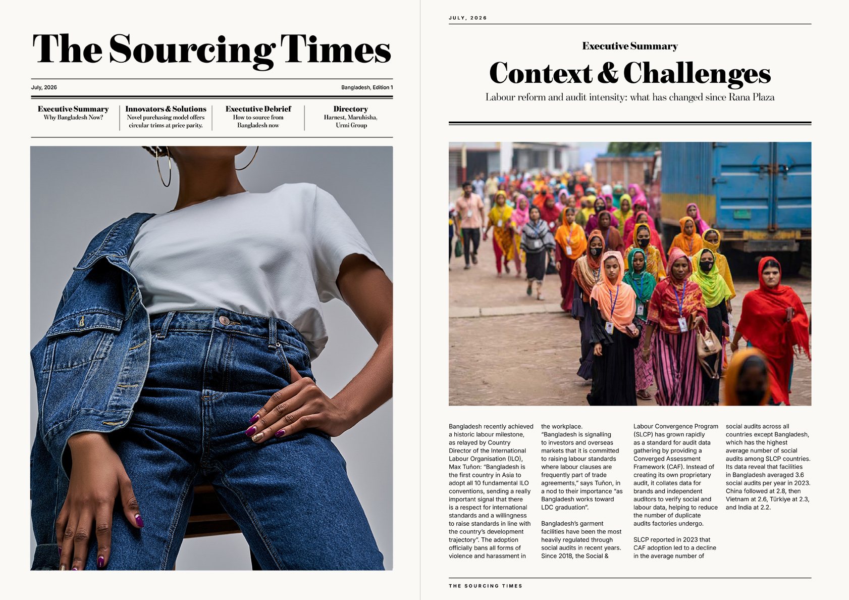 The Sourcing Times Bangladesh report cover and executive summary spread